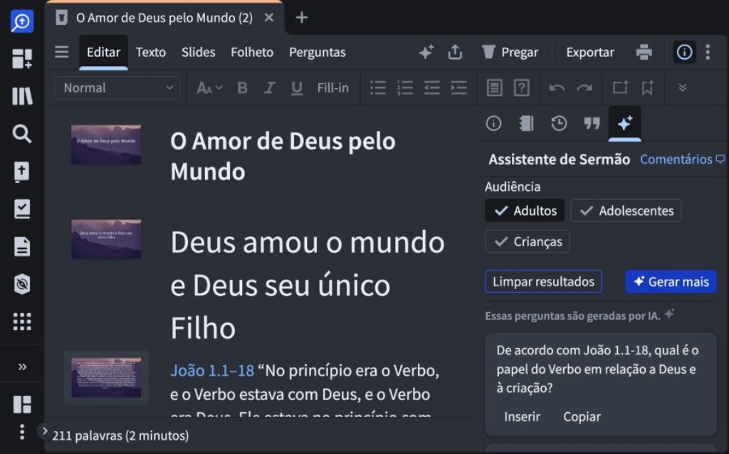 Gerador de perguntas para discussão baseadas no conteúdo do sermão