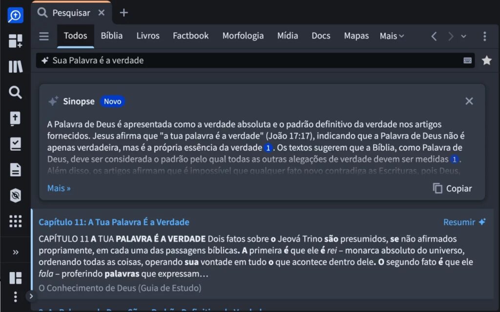 Resumo automático dos resultados de busca com notas de rodapé dos recursos do Logos
