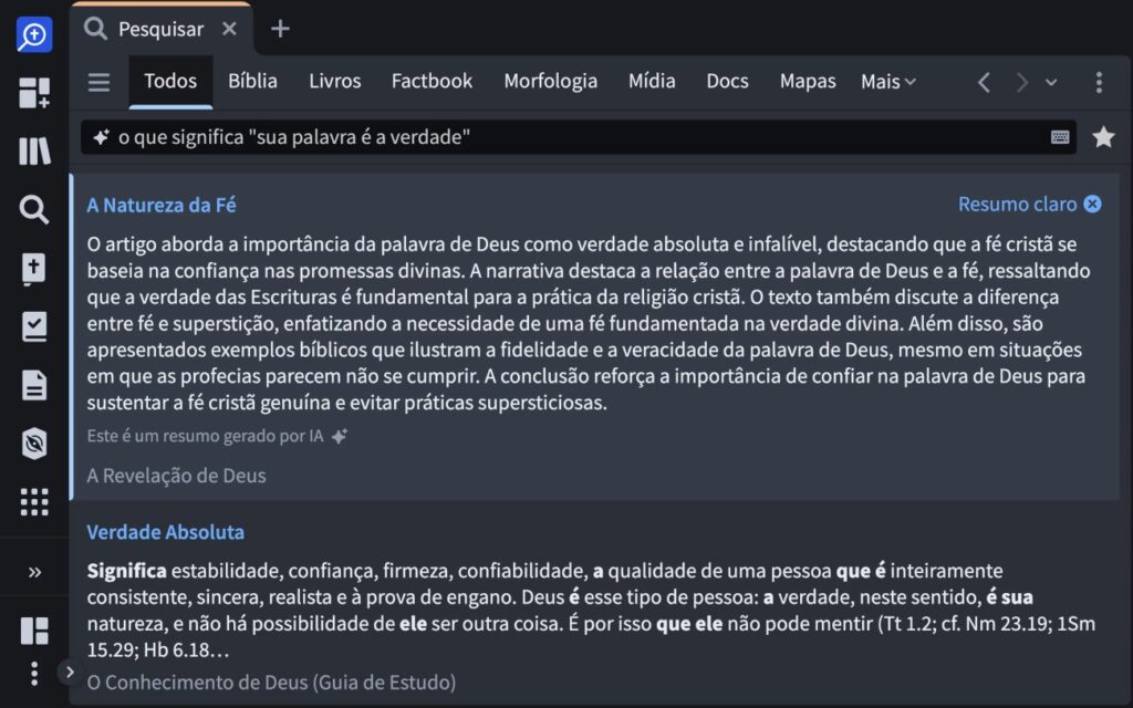 Ferramenta de resumo mostrando síntese de um recurso teológico