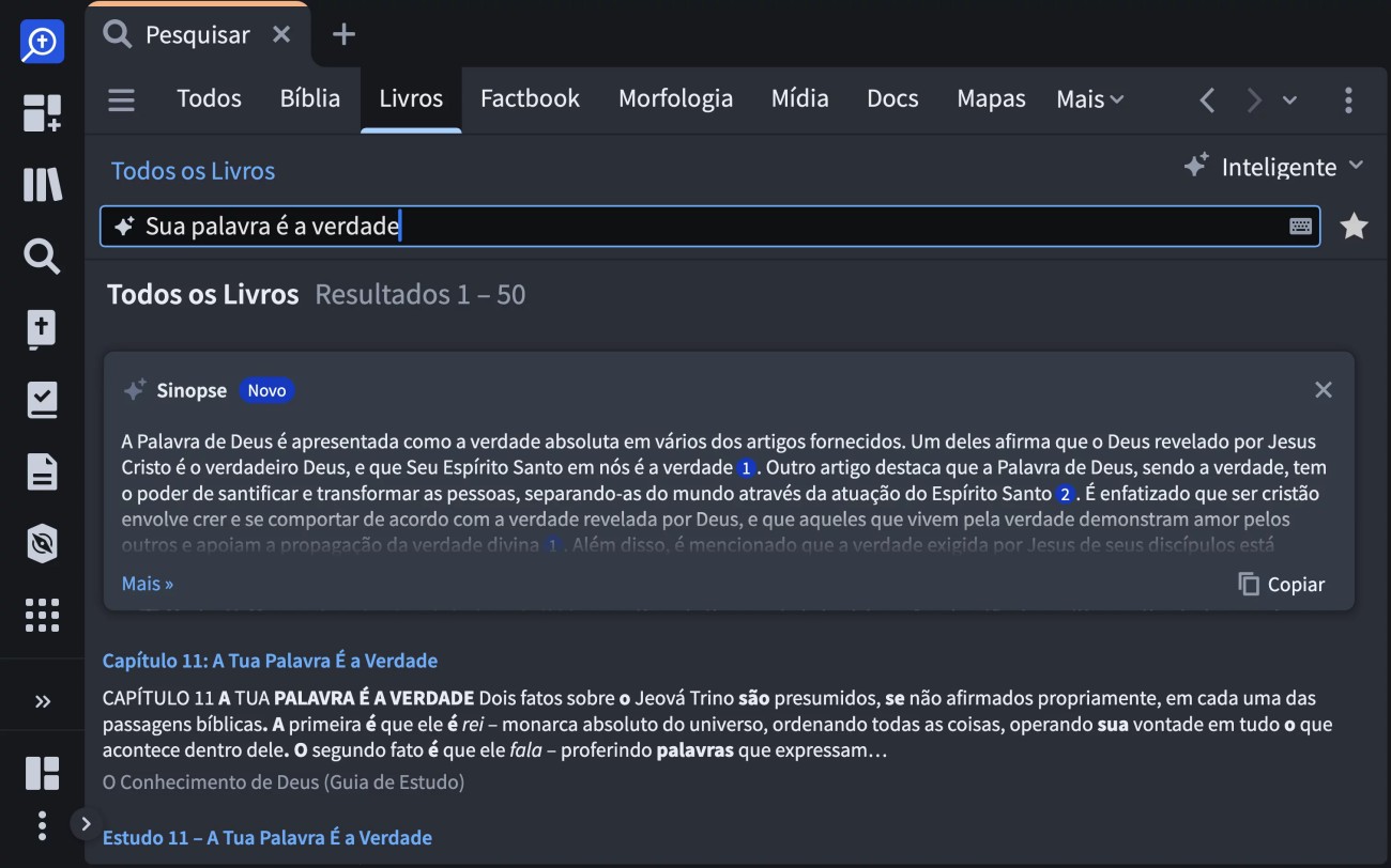Interface da Busca Inteligente do Logos Bible Software mostrando resultados em múltiplos recursos